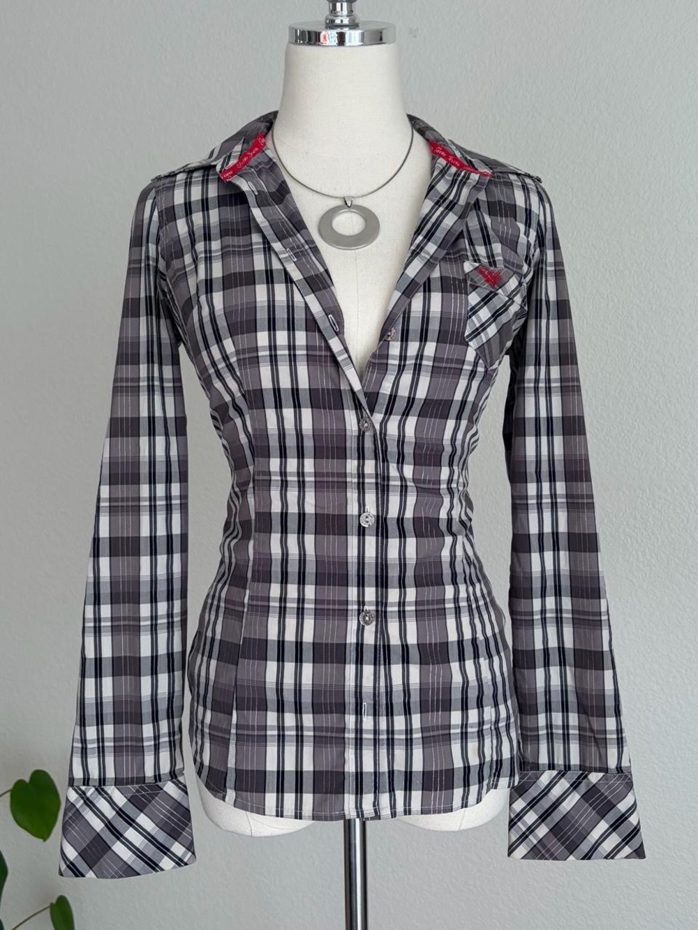 Guess Slim Fit Grey & White Plaid Button-Down Shirt - Women’s